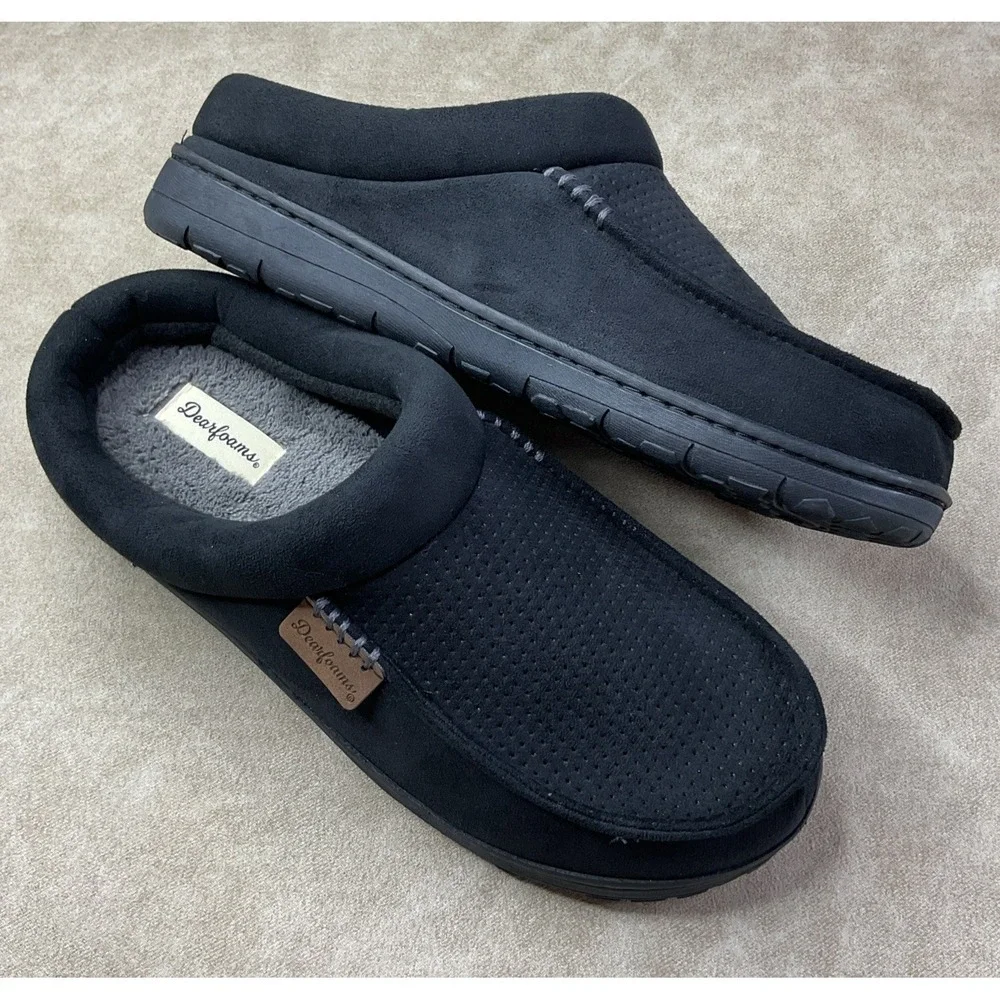 Dearfoams Brand Slippers Sz 9-10 Men's Black faux suede Slip On low back